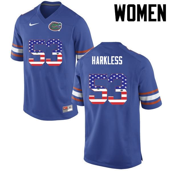 Women's NCAA Florida Gators Kavaris Harkless #53 Stitched Authentic USA Flag Fashion Nike Blue College Football Jersey MUO8065GH